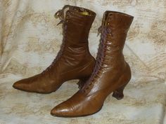 "One pair of Antique Victorian/Edwardian Titanic era Leather Shoes Boots. The boots are a brown leather, The boots are a brown leather, lace up, I do not think the laces are original.  They have a 2 1/2\" heel and lace up the front. Bottom soles are leather, and do show wear.    They are in nice vintage condition.   Leather is soft, there is some minor scuffing. I have not cleaned or polished these shoes.     Measurements- 10\" heel to toe 2 3/4\" across bottom sole at widest point, overall height 10 1/49 3/4\"-these measurements are taken on the outside of the boot.  I always recommend measuring one of your own garments, that fits well, in the same manner for comparison.  Returns are not accepted on clothing or accessories due to size, fit or color. Please check out the photos as this is Edwardian Boots, Granny Boots, Victorian Boots, Stage Photo, Lace Front Top, Brown Leather Shoes, Leather Boot Shoes, Leather High Tops, Brown Leather Boots