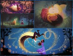 an animated scene with two women and one man flying through the air in front of fireworks