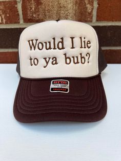 Trucker Hat Stay cool and show off unique style with this Would I lie to ya bub?  Embroidered Trucker Hat. This made-in-house hat is perfect for spring and summer days, especially for girls' nights out. The statement on the cap will surely turn heads and get conversations going. Be prepared to stand out. BULK ORDERS 6 PCS OR MORE! - PLEASE CONTACT US FOR A DISCOUNT CODE BEFORE ORDERING 6 PIECES= 30% OFF 12 PIECES = 40% OFF 24 PIECES = 50% OFF 48 PIECES = 55% OFF 96+ PIECES = 60% OFF All discount Funny Trucker Hat With Curved Brim, Novelty Trucker Hat With Curved Bill, Funny Trucker Hat For Streetwear, Novelty Cap For Streetwear, Funny Trucker Hat With Letter Print And Curved Brim, Funny Snapback Cap With Letter Print, Funny Hats For Streetwear, One Size Fits Most, Fun Embroidered Snapback Hats, Funny One-size Streetwear Hats