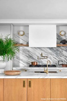 a kitchen with white marble counter tops and wooden cabinetry, along with a potted plant