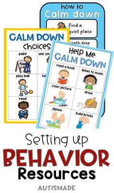 two posters with the words calm down and help me to get up behavior resources for kids