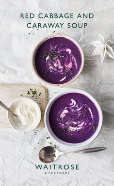 two bowls of red cabbage and caraway soup