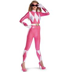 a woman in pink and white costume standing with her hands on her head while wearing sunglasses