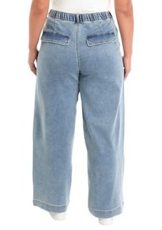 Side seam pockets, button closure, a back elastic waistband, and a back pocket flap detail define these wide-leg pants from TINSEL. | TINSEL Women's Plus Size Knit Denim Elastic Wide Leg Pants, 20 Casual Wide-leg Jeans With Belt Loops, Casual Wide Leg Pants With Button Closure, Full Length, Casual Spring Cargo Jeans With Button Closure, Spring Utility Jeans With Elastic Waistband, Medium Wash Wide Leg Pants With Pockets For Work, Medium Wash Wide Leg Work Pants With Pockets, Utility Style Workwear Jeans With Elastic Waistband, Casual Medium Wash Wide Leg Pants For Work, Casual Wide Leg Denim Pants With Belt Loops