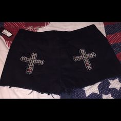 Material Girl Blk Denim Bling Cross Shorts Sz 13. Waist - 32 Inches. Inseam - 3 Inches. 032017-11 Blkt-12 Girl Shorts, Material Girl, Material Girls, Short Girls, Jean Shorts, Womens Shorts, Women Shopping, Black, Color