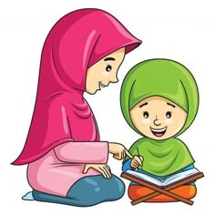 a woman sitting next to a child who is writing on a book while wearing a hijab