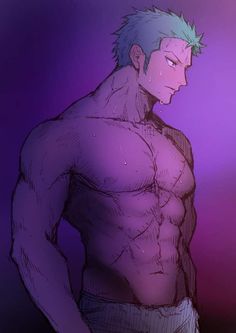 an anime character with blue hair and no shirt standing in front of a purple background