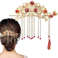 PRICES MAY VARY. 【PACKAGE INCLUDE】- You will get 1 set of vintage red Chinese tassel hair pins (including 1 hair chopstick and 1 bridal hair decorative charm). 【EXQUISITE HAIR ACCESSORIES】- The Chinese hair pins gold hair pins with gorgeous flower hollow patterns, tassel design, red beads, and white fake pearls decoration, more charming and eye-catching. 【DURABLE MATERIAL】- Purely handmade, carefully polished, retaining the original texture, very good workmanship, durable, and easy to use. Good Chinese Wedding Accessories, Red And Gold Hair Accessories, Chinese Hair Pins, Indian Hair Jewelry, Chinese Tassel, Red Wedding Hair, Hair Accessories For Wedding, Fun Ponytails, Hair Chopsticks