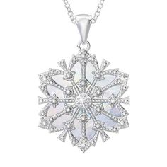 The perfect gift for your granddaughter this holiday season…This captivating silver-plated snowflake pendant is accented with a dazzling diamond and paired with the icy splendor of mother-of-pearl.The reverse reveals your inspiring message, “My granddaughter, you are one of a kind."The pendant arrives ready to wear on a matching 18" chain, and an elegant keepsake pouch, designed for unforgettable gift-giving, is included at no additional charge. Elegant Snowflake Jewelry For Festive Occasion, Elegant Festive Jewelry For Winter, Elegant Winter Jewelry As Gift, White Snowflake Jewelry For Anniversary, Elegant Holiday Snowflake Necklace, Elegant Jewelry For Anniversary In Winter, Elegant Holiday Necklaces For Winter, Elegant Winter Holiday Necklaces, Elegant Winter Holiday Jewelry