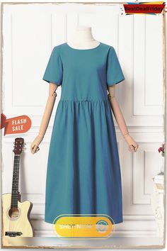 Solid Ruched Round Neck Short Sleeve Casual Cotton Midi Dress Casual Cotton Dresses With Gathered Waist, Casual Solid Midi Dress With Gathered Waist, Casual Cotton Ruched Maxi Dress, Solid Color Pleated Relaxed Fit Dresses, Casual Cotton Maxi Dress With Gathered Waist, Casual Smock Dress With Relaxed Fit, Casual Relaxed Fit Midi Dress With Gathered Waist, Casual Solid Color Midi Dress With Pleated Waist, Casual Solid Color Pleated Maxi Dress