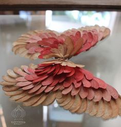 two red and gold leaves on display in a glass case with wood trim around the edges