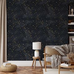 a living room scene with focus on the stars wallpaper