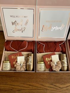 two gift boxes with personalized items in them