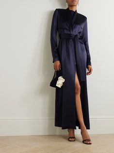 GALVAN Belted satin trench coat | NET-A-PORTER Elegant Long Coat For Evening, Evening Long Sleeve Satin Outerwear, Designer Silk Outerwear For Evening, Elegant Formal Dress With Silk Lining, Elegant Silk-lined Formal Dress, Elegant Satin Outerwear For Wedding, Elegant Satin Wedding Outerwear, Elegant Wedding Satin Outerwear, Elegant Belted Outerwear For Formal Occasions