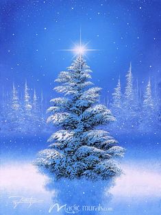 a painting of a christmas tree in the snow