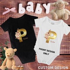 Custom Gold letter designed baby romper jumpsuit tshirt shirt design logo toddler. Chose your letter and add the name that you wish to use for this design. sizes 3m to 24 month available in black or white only  Fully customisable design on your babies romper shirt, if you are after a different design please don't hesitate to contact us and we will design something for your individual needs. Front design ONLY This shirt, romper is a custom design so please message us directly a photo or design th Birthday Bodysuit With Name Print And Short Sleeves, White Letter Print Bodysuit As Gift, Family Matching Birthday Bodysuit With Letter Print, Personalized Family Matching Onesie For Birthday, Family Matching Short Sleeve Onesie With Name Print, Customizable Family Matching Onesie For Birthday, White Personalized Short Sleeve Onesie, Personalized Short Sleeve Onesie For Gift, Birthday Onesie With Custom Print And Short Sleeves