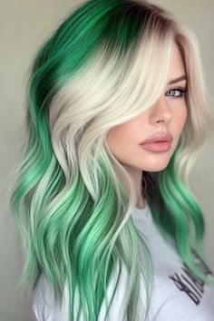 Blonde Purple And Green Hair, White Hair With Colored Tips, Lavender And Green Hair, Blonde With Green Highlights, Blonde Hair With Green Highlights, Green And Silver Hair, Blonde And Green Hair, Unique Blonde Hair Color Ideas, Colored Ombre Hair