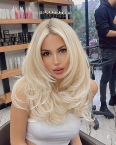 Long Ice Blond Wigs With Bangs, Bouncy Waves, Layered Haircuts For Women, Blonde Hairstyle, Blonde Layers, Human Hair Wigs Blonde, Light Blonde Hair, European Hair, Hair Color Highlights