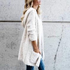 Oversized Faux Wool Long Hooded Cardigan Sweaters Hooded Cardigan Sweater, Winter Stil, Cardigan Outfits, Hooded Cardigan, Molasses, Fashion 2018, Style Chic, Mode Inspiration, Ladies Dress Design