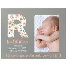 a baby's birth card with the letter r on it and an image of a sleeping baby