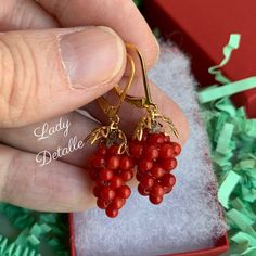 "TINY Red CORAL Grape Earrings, GEORGIAN, Reproduction 18th century Red Coral grape cluster earrings, 16K gold or Silver CORAL Grape Jewelry by Lady Detalle BACK in STOCK!! TINY, GEORGIAN reproduction red, CORAL earrings - grape clusters like this were very popular throughout the centuries, including early examples in the Georgian or Colonial period, and thru the Victorian era. Small clusters of red CORAL beads with your choice of gold or silver leaf design, on high quality, period appropriate l Unique Red Wedding Earrings, Red Cluster Earrings Gift, Unique Red Earrings For Formal Occasions, Unique Red Earrings For Formal Events, Red Cluster Earrings For Pierced Ears As Gift, Red Victorian Earrings As Gift, Formal Red Cluster Earrings For Pierced Ears, Victorian Red Earrings As Gift, Victorian Earrings With Lever Back Ear Wires As Gift