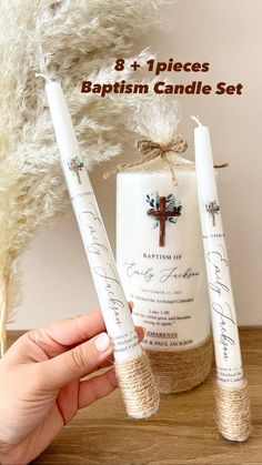 "Thank you for visiting our Shop! Congrats on the Baptism of your child (children) ✴ This is a listing for a Baptism candle set, for eight personalized 6,70 \"inc \"candle and one 10\" inc \" Diameter unscented taper candles. This is all you need for the baptism of your child! Great keepsake baptism taper candles, give it as a gift to your child's Godfather or Godmother, or any family member! Please provide the following information on the Personalization box: ❥ Name and Last name of the child b Baptism Candle Favors, Baptism Candle Set, Baptism Candles, Christening Candle, Big Candles, Baptism Candle, Baptism Favors, Candle Inspiration, Custom Candles