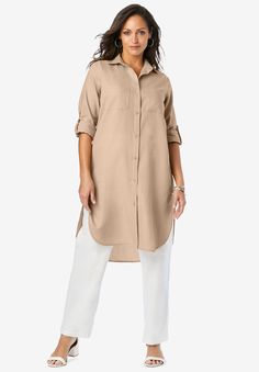 Our best-selling, versatile tunic silhouette is now available in linen! Personalize it with roll-tab sleeves that adjust from long to three-quarter length. Wear it on its own or layered over a tank or tee; tie it at the hip for a chic, sporty look. This must-have piece makes it easier than ever to go from daytime to sunset in style. Relaxed silhouette Adjustable buttoned roll-tab sleeves37” front, 40” backLinen/rayonMachine washableImported Long Tunics For Women, Tunics For Women, Plus Size Linen, Thermal Sweater, Womens Scrubs, Linen Style, Ladies Of London, Swimsuits For All, Tunic Shirt