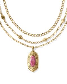 You’ll have all your bases covered (and fits accessorized) with the Keziah Vintage Gold Strand Necklace in Raspberry Variegated Magnesite. A stone pendant in our signature shape steals the spotlight with an intricately etched frame, while two vintage-inspired metal chains add depth and texture to this multi strand stunner. This three-in-one style is also adjustable, so you can change the length of your pre-layered look to your liking. This necklace is a part of Yellow Rose by Kendra Scott—a bran Layering Kendra Scott Necklaces, Vintage Gold Cuff Bracelet, Kendra Scott Necklace, Gold Cocktail Ring, Gold Statement Earrings, Gold Cocktail, Gold Statement Necklace, Gold Bracelet Cuff, Gold Cuffs