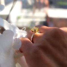 a woman's hand holding a yellow diamond ring