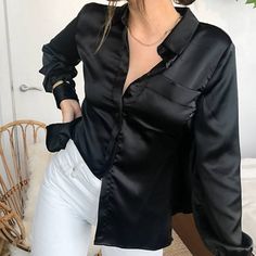 Asos Design Long Sleeve Satin Shirt With Cut Out Back. New With Tags, Never Worn. #Tds364m Trendy Shirt For Night Out, Casual Solid Color Shirt For Night Out, Casual Solid Shirt For Night Out, Oversized Button Down Shirt, White Top Women, Black Button Down Shirt, Back In Black, Asos Tops, Gingham Tops