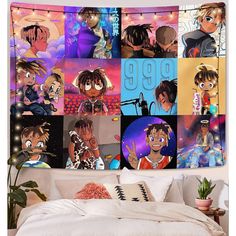 an anime themed wall hanging above a bed