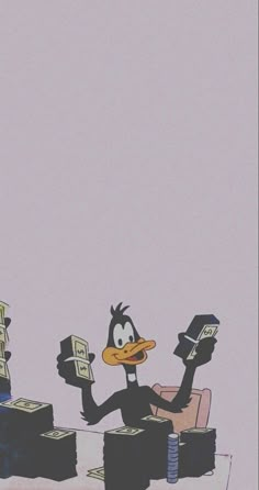 a cartoon duck sitting at a table with stacks of money on it's feet