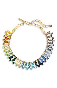 Bring the label's signature glamour to any special-occasion look with this dazzling frontal necklace set with marquise- and round-cut crystals in ombré hues. Lobster clasp closure Goldtone plate/glass crystal Made in the USA Elegant Multicolor Crystal Embellished Jewelry, Dress Reference, Chanel Perfume, Multi Sapphire, Closet Goals, Plate Necklace, Gem Necklace, Glass Crystal, Flower Necklace