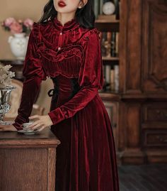 Red Velvet Shirt, Sleeveless Velvet Dress, Vintage Academia, Deer Doll, Cottagecore Clothes, Lolita Outfits, Red Velvet Dress, Velvet Shirt, Dress Aesthetic