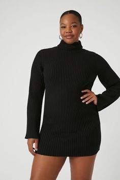 Plus Size Turtleneck Mini Sweater Dress Cheap Trendy Dresses By Forever 21, Plus Size Turtleneck, Mini Sweater, Long Bell Sleeves, Black Dress Formal, Graphic Tee Dress, Denim Sweater, Mini Sweater Dress, Outerwear Sweater