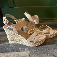 Elevate Your Style With These Stunning Charles By Charles David High Wedge Heel Sandals. The Beige/Nude Color And Solid Pattern Make Them A Perfect Fit For Any Occasion. The Ankle Strap And Adjustable Strap Provide A Comfortable And Secure Fit, While The Buckle Closure Adds A Touch Of Elegance. The 5in Heel Height And 1.5" Platform Height Give You The Perfect Elevation Without Compromising On Comfort. They Seem To Run Small, Fit Is Closer To A Size 9. They Are Brand New And Have Only Been Tried Beige Wedge Heels For Vacation, Beige Closed Toe Medium Width Wedge Sandals, Beige Platform Wedge Sandals Medium Width, Beige Closed Toe Wedge Sandals Medium Width, Beige Closed Toe Wedge Sandals, Beige High Heel Wedge Sandals Medium Width, Beige Medium Width Wedge Sandals For Beach, Beige Wedge Sandals For Beach, Beige Medium Width Wedge Sandals