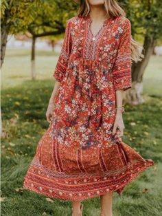 Gender:Women Type:Dresses Feature:V-Neck. Bohemian. Mid-Sleeve. Floral Material:Polyester Style:Casual/Fashion Color:Yellow. Wine_Red. Blue Size:S. M. L. XL. 2XL. 3XL Please Note:All Dimensions Are Measured Manually With A Deviation Of 1 To 3cm. Bohemian Midi Dress, Bohemian Dresses Long, Maxi Dress Pattern, Womens Fall Dress, Statement Dress, Womens Floral Dress, Maxi Robes, Bohemian Dress, Fashion Colours