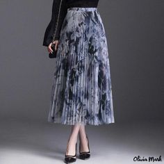 Olivia Mark - Womens Printed Organza Midi Skirt with Pleats and Ruffles Organza Midi Skirt, Skirt With Pleats, Printed Organza, Floral Print Chiffon, Pleated Maxi Skirt, Solid Color Dress, Elegant Dresses Long, Pleated Maxi, Denim Midi Skirt