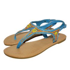 New Bamboo Sequoia Turquoise Women's Beaded Sandals Purchased On Poshmark, But Never Wore Them. Super Cute! Thong Style Multi-Color Beaded Design Color: Turquoise/Yellow/Orange Size: 8 New In Box A3811 Blue Beaded Sandals For Vacation, Blue Beaded Adjustable Sandals, Blue Beaded Open Toe Sandals, Blue Beaded Sandals For Beach, Blue Open Toe Sandals For Festival, Bling Sandals, Lace Up Gladiator Sandals, Fashion Slides, Green Sandals