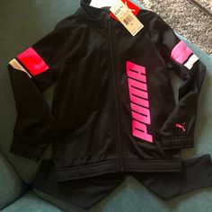 “Puma” Kids 2 Piece Tracksuit Nwt (New With Tags) Size - 6x Brand New With Original Hangar Color - Black, White & Pink Pink Sportswear Tracksuit For Sports, Pink Sportswear Tracksuit For Gym, Pink Gym Tracksuit Sportswear, Pink Long Sleeve Tracksuit For Gym, Pink Athleisure Tracksuit For Gym, Pink Fitted Tracksuit For Sports, Fitted Pink Tracksuit For Sports, Pink Long Sleeve Activewear For Jogging, Puma Outfits