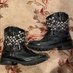 Great Condition! Black Ash Rider Boots With Silver Hardware Detail On The Side. Adjustable Belt Buckles. Distressed Toes Are Part Of The Style - In Excellent Condition! Ash Boots, Ash Shoes, Rider Boots, Black Ash, Adjustable Belt, Moto Boots, Silver Hardware, Belt Buckles, Black Silver