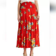 Lauren Ralph Lauren Women's Small Floral Georgette Midi Skirt 27" Waist New. 40 Inches Long (Item #072424)-S34 Red Skirt With Elastic Waistband For Spring, Casual Red Full Skirt Bottoms, Red Midi Skirt With Elastic Waistband, Red Tiered Maxi Skirt With Elastic Waistband, Red Gathered Skirt Bottoms For Summer, Red Gathered Skirt For Spring, Red Gathered Maxi Skirt For Summer, Casual Red Gathered Skirt, Fitted Red Maxi Skirt For Spring