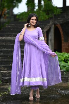 PRODUCT DESCRIPTION :-Shine bright like sunshine!Anarkali :- Pure cottonPant :- CottonDupatta :- Organza silkClosure Used:- Side zipColor:- Lilac purpleCare Instructions :- Dry clean onlyModel Size :- Model is wearing XS sizeModel Height :- 5.5DISCLAIMER :- Slight color variations may occur due to different screen resolution. Lilac Anarkali Suits, Designer Purple Cotton Silk Kurta, Festive Lavender Fitted Dupatta, Purple Gota Work Kurta For Diwali, Purple Kurta With Gota Work For Diwali, Unstitched Lavender Salwar Kameez For Festive Occasions, Purple Churidar With Gota Work, Purple Cotton Silk Traditional Wear With Dupatta, Designer Lavender Traditional Wear With Dupatta