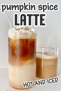 two glasses of  pumpkin spice lattes topped with whipped cream and cinnamon Keto Pumpkin Latte, Pumpkin Spice Frappuccino, Iced Pumpkin Spice Latte, Homemade Pumpkin Spice Latte, Homemade Pumpkin Spice, Olive Recipes, Spice Coffee, How To Make Pumpkin