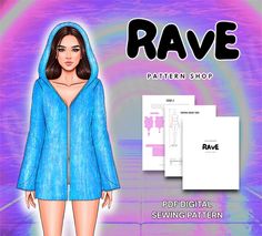 an image of a woman wearing a blue jacket with the word rave written on it