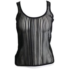 - Vintage 90s Thierry Mugler black knitted vertical stripe see through tank top. This sexy tank top is rare! - Made in Italy. - Size M. - 90% Nylon, 7% Polyamide, 3% Elasthanne. Party Ribbed Sleeveless Top, Ribbed Sleeveless Party Top, Striped Fitted Tank Top With Tank Straps, Sleeveless Ribbed Party Top, Striped Fitted Tops With Tank Straps, Fitted Sheer Tank Top With Tank Straps, Fitted Sheer Tank Top, Fitted Striped Tops With Tank Straps, Chic Striped Fitted Tank Top