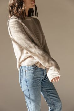 Easy everyday style with cashmere and lived-in denim Relaxed Fit Cashmere Sweater For Layering, Beige Relaxed Fit Cashmere Sweater, Beige Cashmere Tops For Everyday, Neutral Cashmere Sweater For Fall, Everyday Versatile Cashmere Sweater, Everyday Beige Cashmere Tops, Versatile Everyday Cashmere Sweater, Everyday Cashmere Soft Knit Sweater, Classic Cashmere Sweater In Neutral Color