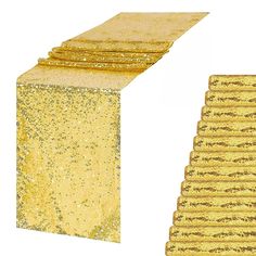 gold sequins are stacked on top of each other to make a table runner