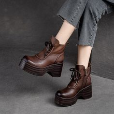 Gender: Women Item Type: Boots Main Material: Cow Leather Style: Casual, Classic, Retro Season: Spring, Autumn, Winter Heel Type: Platform Outsole Material: PU Heel Height: High Heel (7 cm) Size Length cm inch 35 22.5 8.86  36 23 9.06  37 23.5 9.25  38 24 9.45  39 24.5 9.65  40 25 9.84 Chunky Fall Boots With Round Toe, Chunky Boots With Round Toe For Fall, Chunky Round Toe Boots For Fall, Fall Chunky Platform Heeled Boots With Round Toe, Chunky Leather Platform Boots For Fall, Brown Boots With Chunky Platform And Round Toe, Fall Chunky Platform Ankle-high Wedge Boots, Fall Platform Wedge Boots With Round Toe, Fall Platform Heeled Boots With Round Toe