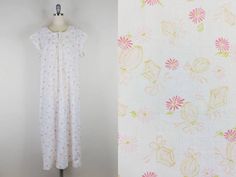 "1950s Artloom japanese lantern novelty print nightgown ~Pink, green, and white Japanese lantern and floral print cotton ~Ties at the neck ~Slip on style Hand washed and ready to wear. Condition: Very good. Normal wear. Repairs to armpits. Size: Marked 44. Fits like a modern XL/XXL *please consult measurements to ensure fit Bust: 48\" Waist: free Hips: 56\" Length: 50\" Shoulder to shoulder: 16.25\" Message us with any questions! Sarah Vogt" Retro Pink Sleepwear For Spring, Pink Vintage Floral Print Sleepwear, Vintage White Floral Print Nightgown, White Vintage Nightgown With Floral Print, Spring Retro Nightgown For Sleep, Vintage Floral Print Nightgown For Loungewear, Vintage Floral Print Sleepwear, Vintage Short Sleeve Nightgown For Pajama Party, Nightgown Vintage